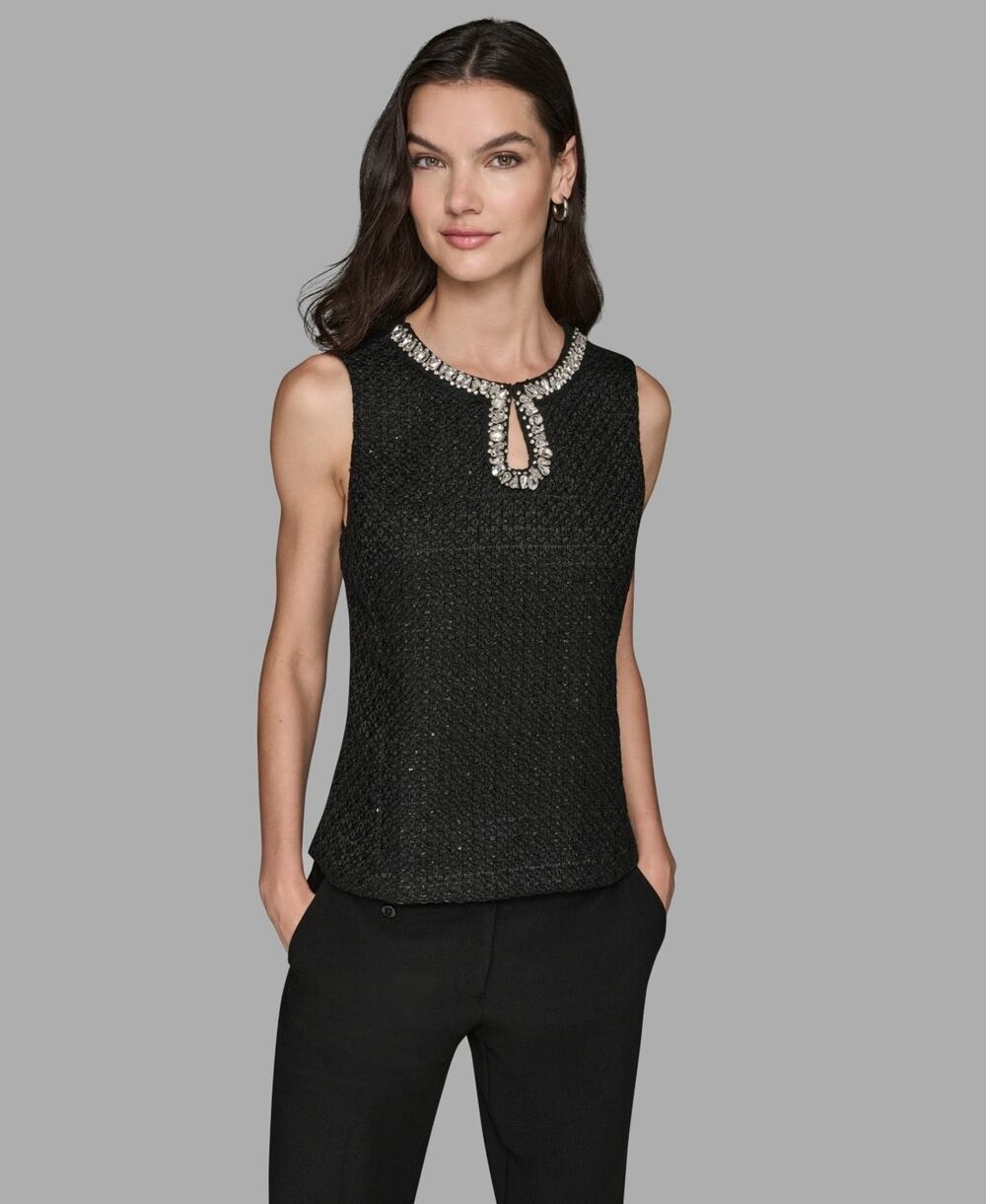 Karl Lagerfeld Paris Women's Novelty Embellished Neck Top Black Size Xs 3595